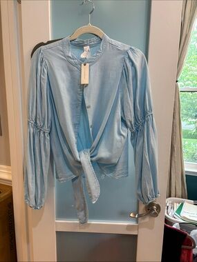Anthropologie Light Blue Tie-Front Puff Sleeve Blouse Amado